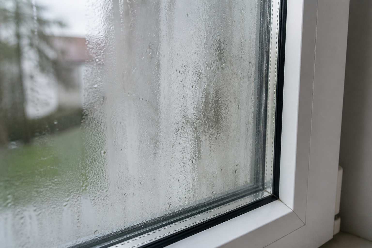 Beschlagenes Isolierglas mit Feuchtigkeit zwischen den Scheiben am Fenster