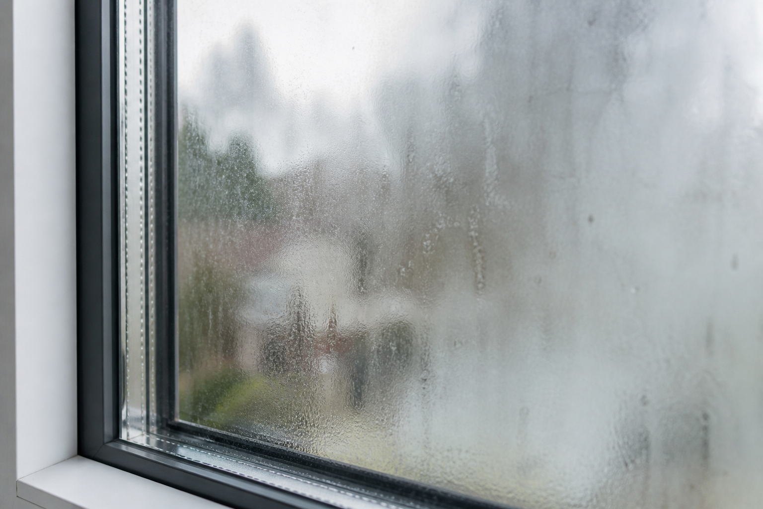 Blindes Isolierglas mit Feuchtigkeit im Scheibenzwischenraum am Fenster