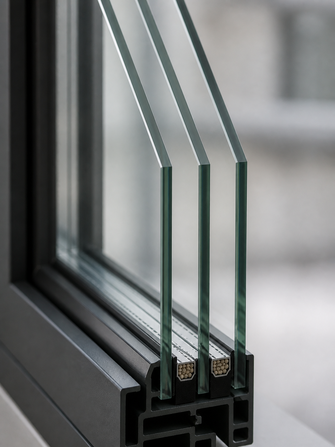 Detailansicht von Dreifach-Isolierglas mit drei Glasscheiben im Fensterprofil