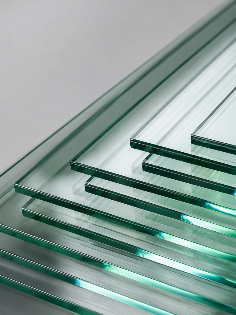 Detailaufnahme von ESG-Glas mit klarer Glaskante und grünlicher Glaswirkung