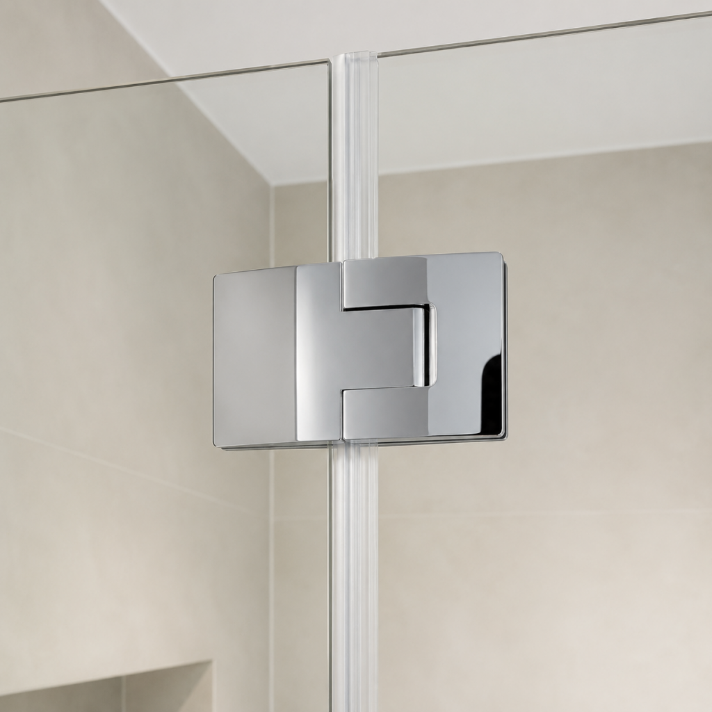 Chrom-Scharnier einer Glasdusche nach Maß mit klarem Glasdetail