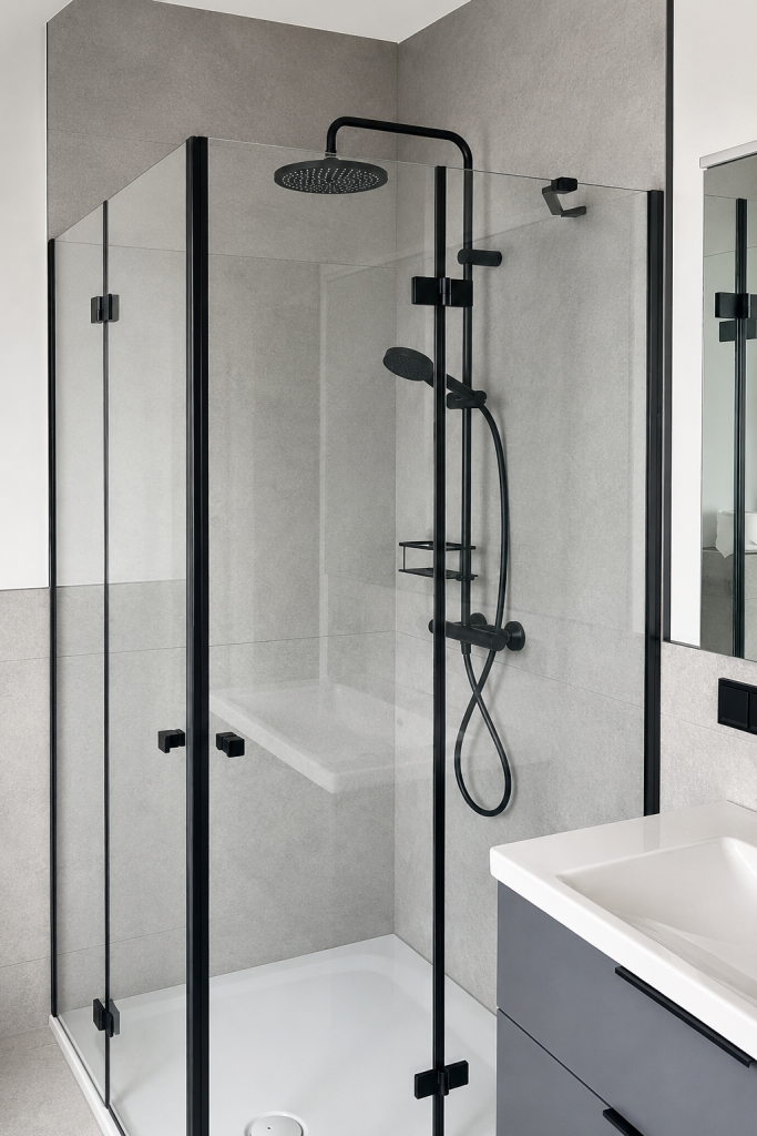 Moderne Glasdusche mit schwarzen Beschlägen, klaren Glasflächen und Regendusche