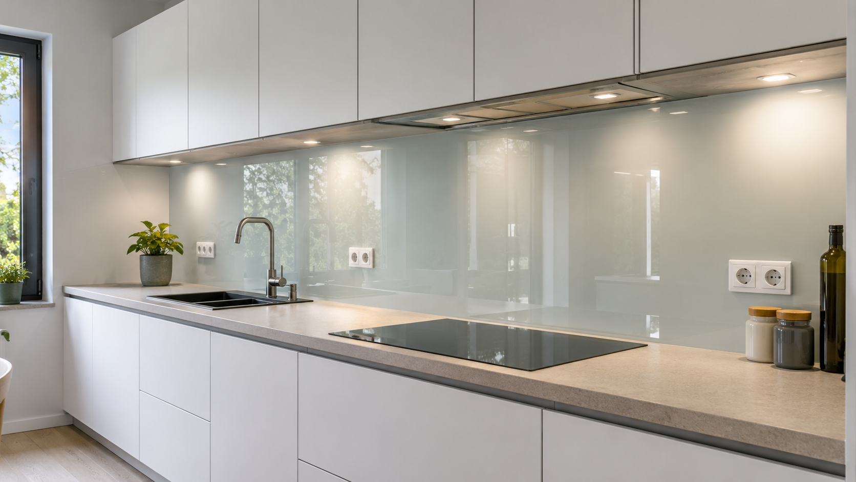 Glasrückwand nach Maß in heller moderner Küche mit grauer Arbeitsplatte