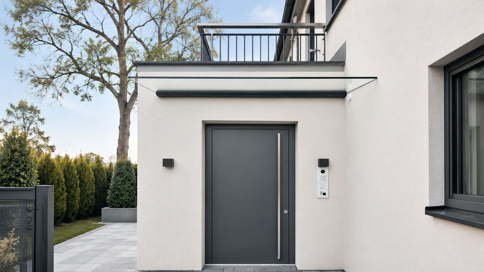Glasüberdachung Augsburg am modernen Hauseingang mit anthrazitfarbener Haustür