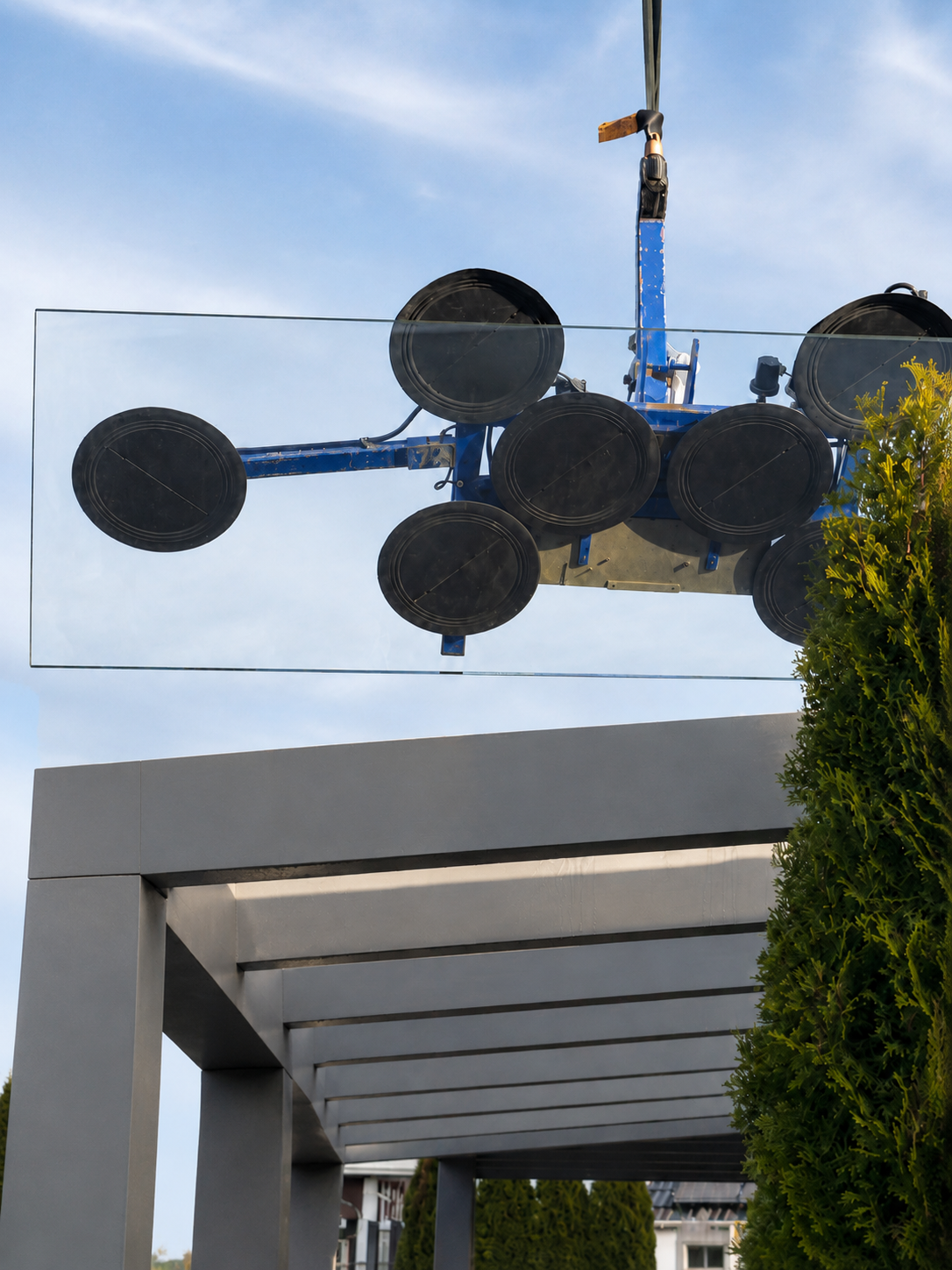 Montage einer Glasüberdachung mit Glaselement und Saughebern