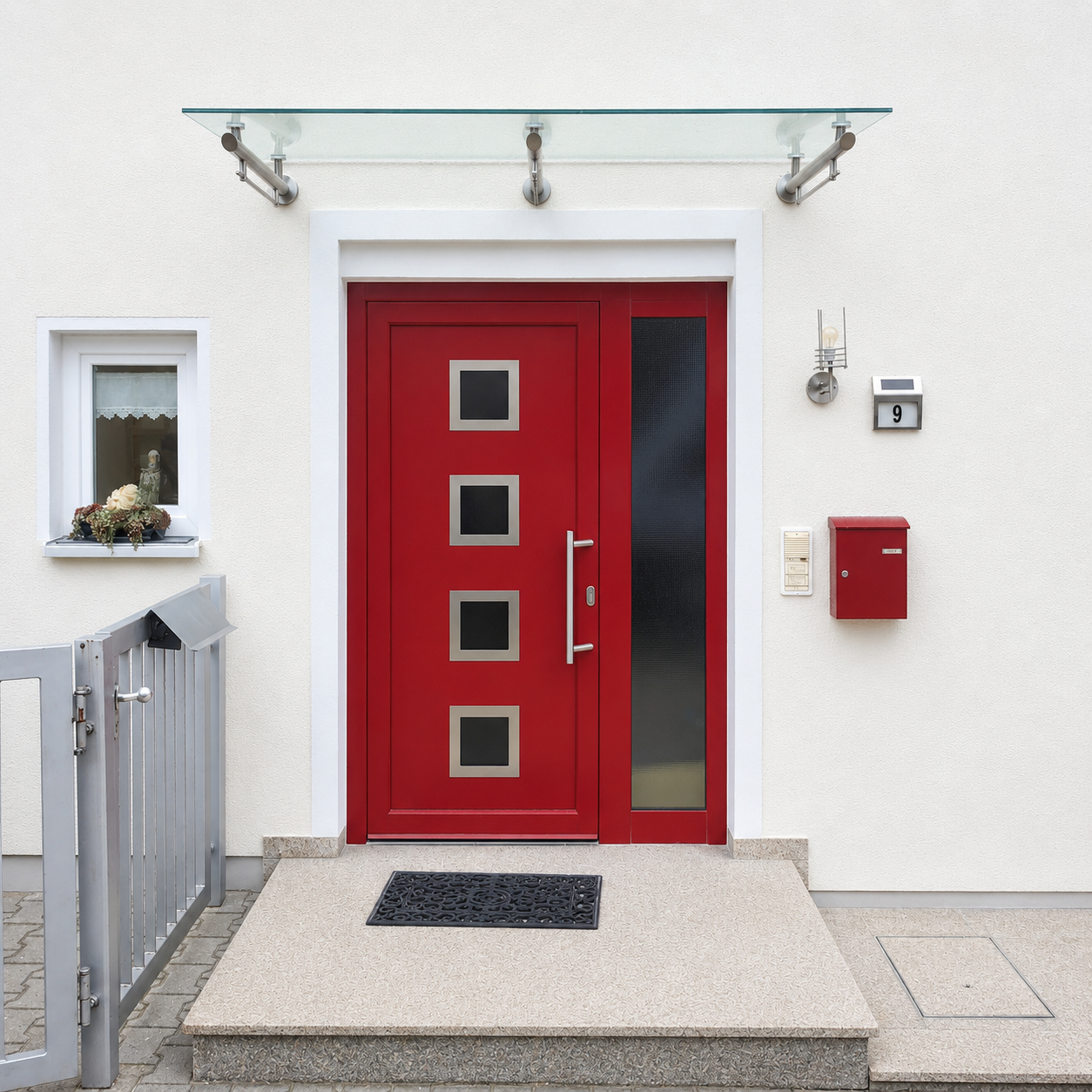 Glasvordach über Hauseingang mit roter Haustür und Edelstahlhalterungen