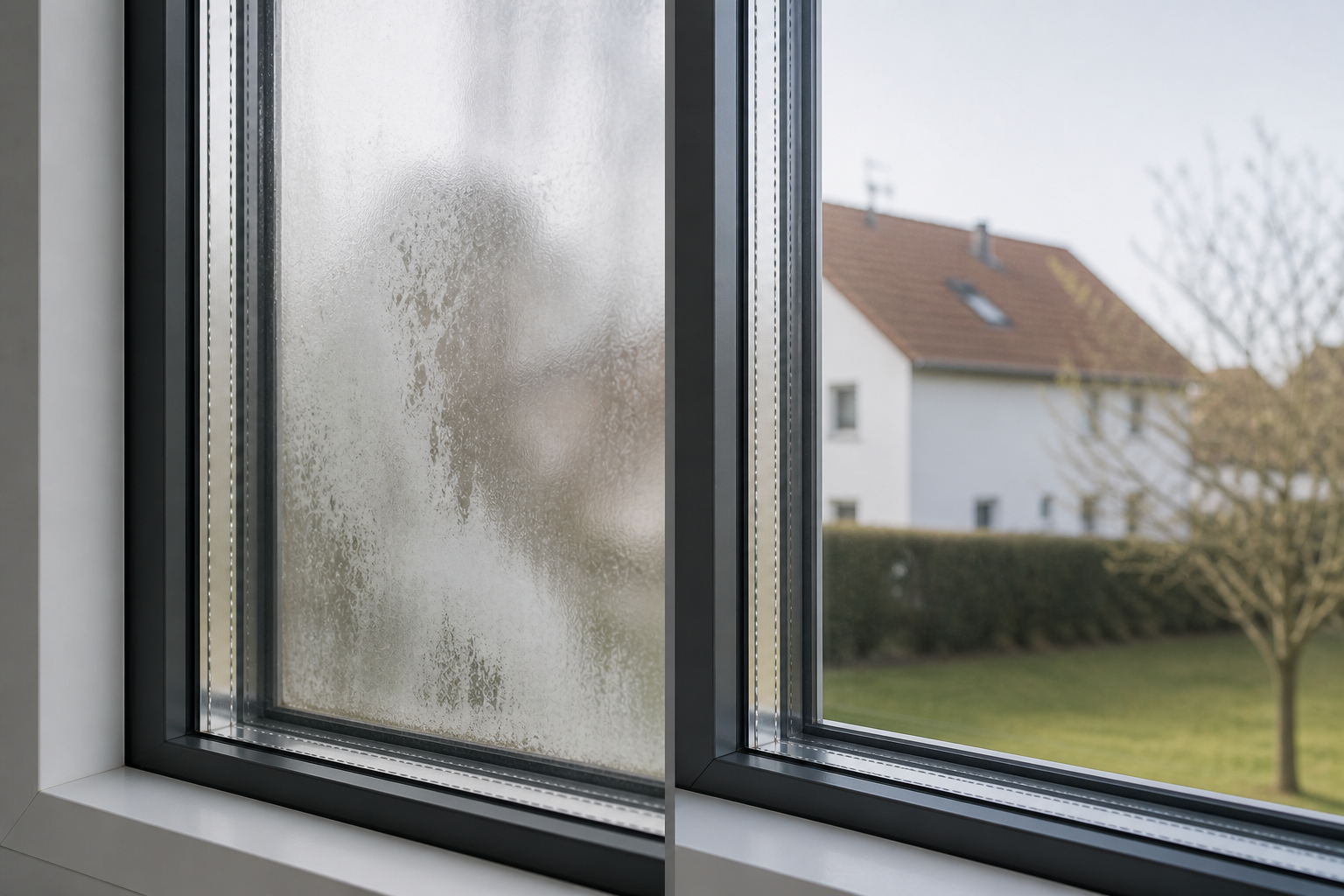 Beschlagenes Isolierglas links und klare Fensterscheibe rechts im Vergleich