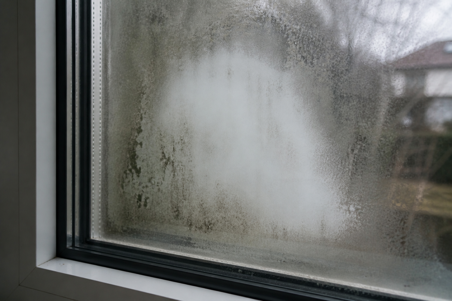 Blinde Isolierscheibe mit Feuchtigkeit zwischen den Glasscheiben am Fenster