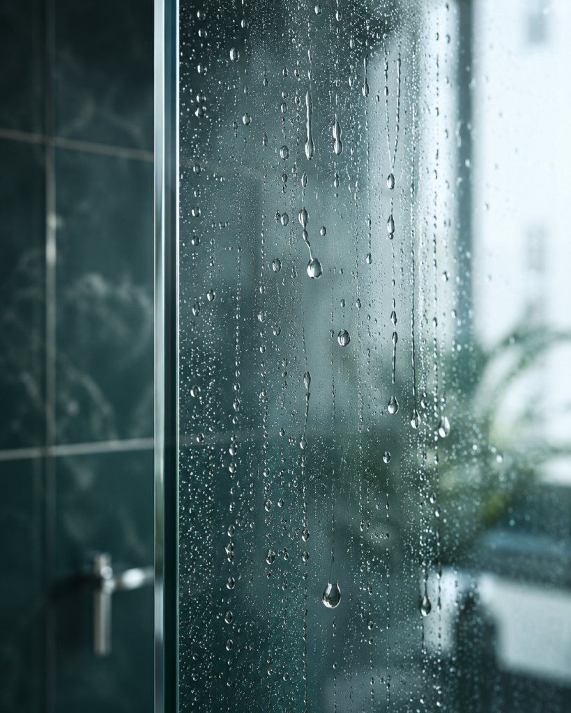 Wassertropfen auf einer Duschwand, die nach dem Duschen stehen bleiben