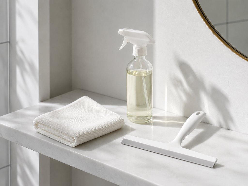 Abzieher, Mikrofasertuch und Reiniger zur Pflege einer Glasdusche