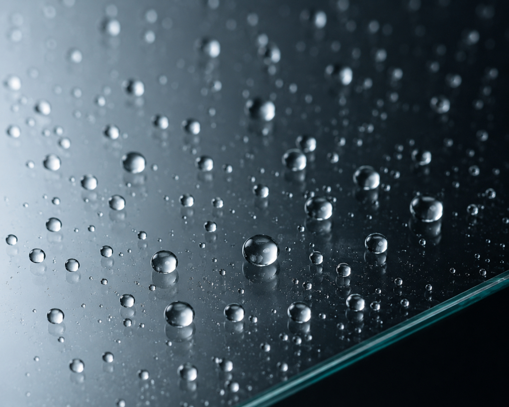 Wassertropfen perlen als Kugeln von beschichtetem Duschglas ab